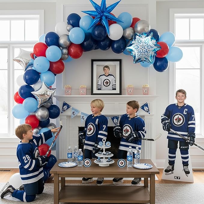 Hockey Birthday Party Decorations & with Red White Blue balloon arch & Snowflake printed Exploding stars Foil balloons for Kids Fans Boys Game Time Winter sports Themed Party Decor Supplies