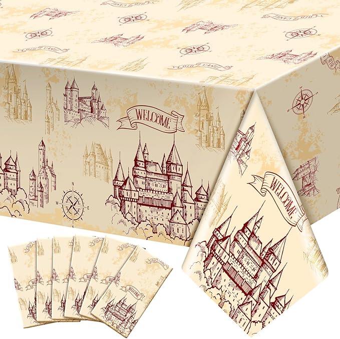 6 Pcs Wizard Tablecloth Decorations Wizard Party Plastic Table Cloth Disposable Vintage Castle Decor for Decoration Halloween Witch Party Supplies
