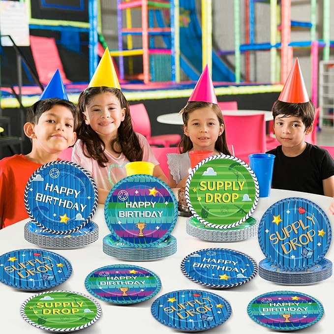 48Pcs Fort Game Plates Video Game Themed Party Supplies Gaming Tableware Dinnerware Game Party Table Decoration Gamer Dessert Plates Gaming Disposable Paper Plate Set for Teenager Kids Boy Adults Fans