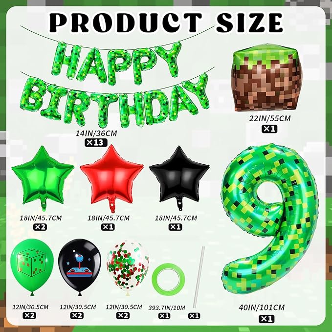 40in Pixel Number 9 Balloon Birthday Decorations, Miner Theme Foil Balloons banner Blast Gaming Party Supplies
