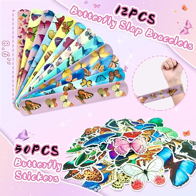 Butterfly Party Favors 122Pcs Butterfly Themed Birthday Supplies Set Fairy Party Favors Decorations Keychains Bracelets Goodie Bags Tattoo Stickers Gifts for Pinata Filler