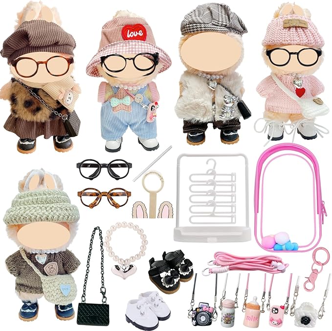 5-Set Clothes Bundle for Doll, Includes 5 Mini Hangs, Large Clear Display Bag with Strap Keychain, 5 Hangers and Rack, Bag, Glasses, Necklace, Shoes Accessories for Dressing up(No Doll)