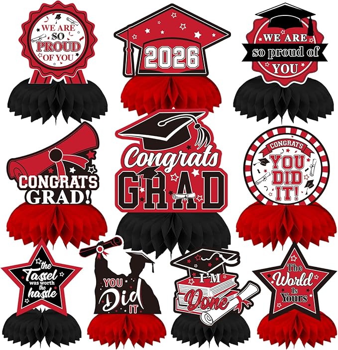 10 PCS Graduation Party Decorations Class of 2026,Congrats Grad Honeycomb Centerpiece Red and Black Congratulate Graduation Table Toppers for Graduation Party Favor Supplies