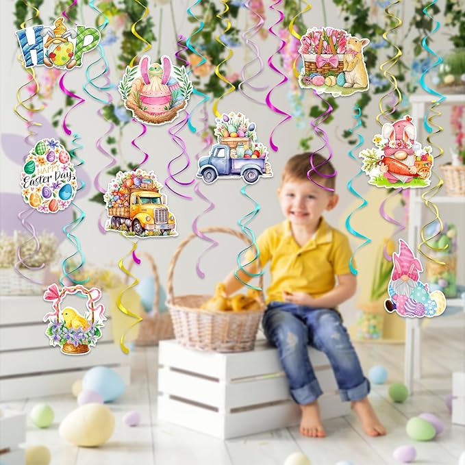 Hanging Easter Decorations Swirls 24pcs, Easter Egg Bunny Ceiling Hanging Party Streamers, Foil Easter Party Decor Supplies for Home Office School, Dangling Spinners Easter Party Ceiling Decor