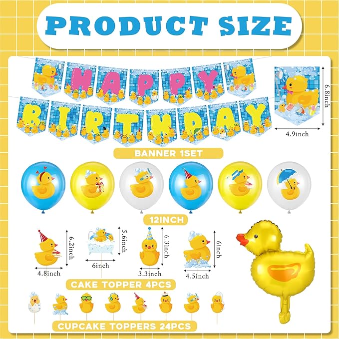 Leitee 57 Pcs Blue Duck Birthday Decorations Balloons Party Happy Birthday Banner Cake Topper Cupcake Toppers Rubber Duck Decor for Birthdays Party Supplies