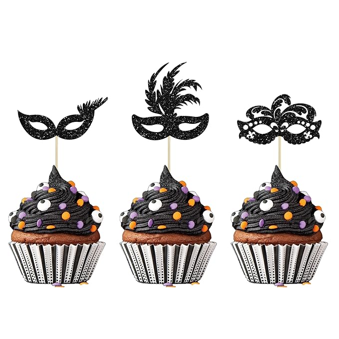 Gyufise 24Pcs Masquerade Masks Cupcake Toppers Glitter Bachelorette Party Mask Cupcake Food Fruit Picks Masquerade Mardi Gras Party Baby Shower Birthday Party Cake Decorations Black