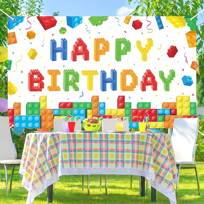 Panelee Building Block Birthday Banner Building Blocks Party Backdrop Decoration Happy Birthday Banner Photography Background for Party, 72.8 x 43.3 Inch(White)