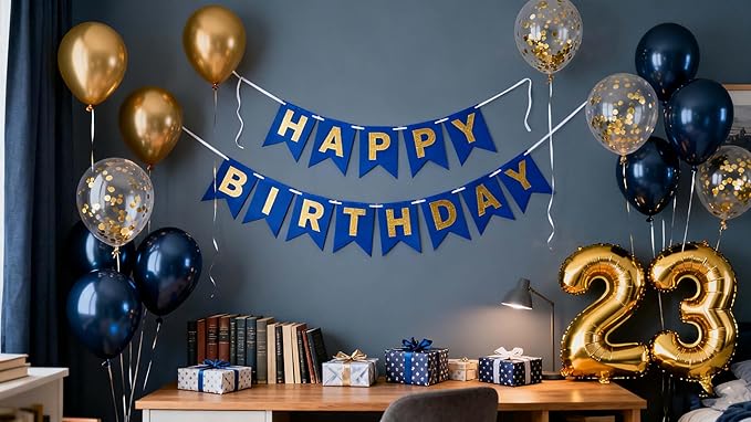 23rd Birthday Balloons Party Decorations for Men, Navy Blue Birthday Banner Gold Number 23 Foil Balloon Confetti Balloons for Him Men 23 Years Old Party(23rd)