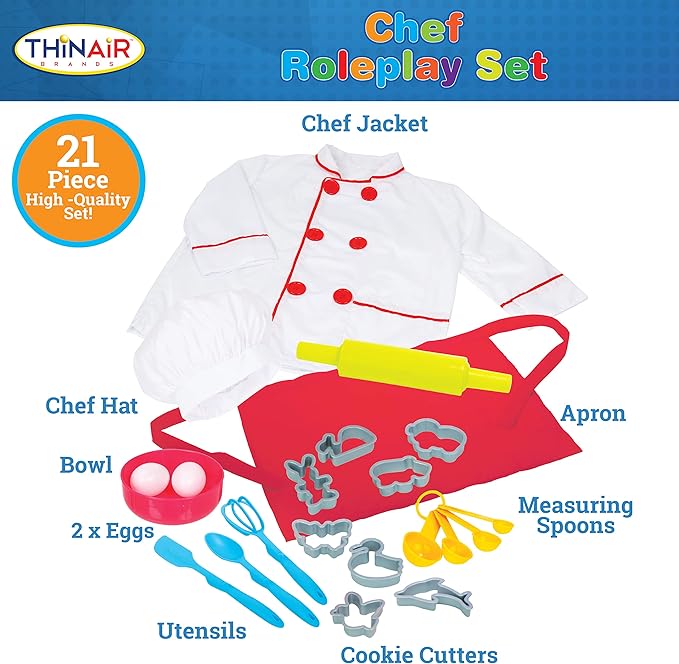 Chef Costume for Kids Ages 3-6 | 21-Piece Kids' Dress Up & Pretend Play Set Includes Jacket, Hat, Apron, Bowl, 2 Eggs, Utensils, Cookie Cutters