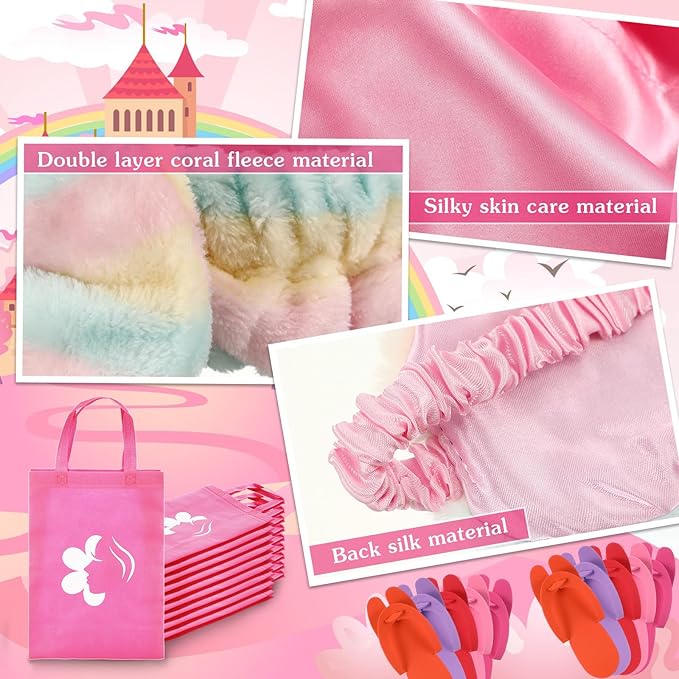 Bonuci 50 Pcs Spa Party Supplies for Girls, 10 Satin Robe 10 Kids Slippers Sleepover Birthday Spa Party Favors