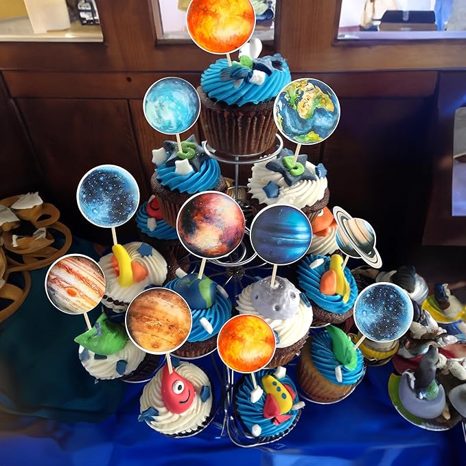 Ephlyn 36Pcs Outer Space Cupcake Toppers Planet Rocket Spaceship Trip to the Moon Star Cupcake Picks Solar System Galaxy Universe Planets Birthday Cupcake Decorations Party Supplies