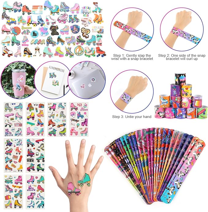 Kolewo4ever 220 Pieces Roller Skate Party Supplies Set Bulk Slap Bracelets, Stickers, Key Chains, Pin Badges,Temporary Tattoos and Goodie Bag Fillers for Retro 1980s Hip Hop Party (Roller Skate)