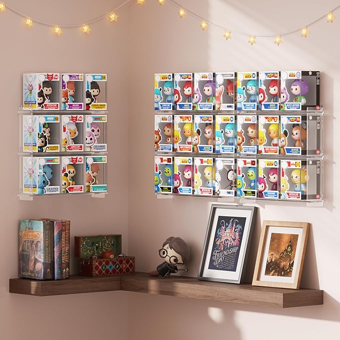 Wall Floating Shelves Compatible with 21 Funko Pops in Box, Clear Tiered Display Shelf for Collectibles, Acrylic Figurine Protector Display Case, Stackable Action Figures Collection Stand, 2 Pack