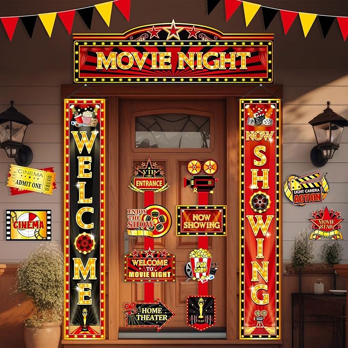 ShinyRelief 14 Pcs Movie Night Decorations Set Welcome Now Showing Door Banners Movie Theme Directional Signs for Home Film Red Carpet Event Awards Night Background Ceremony Party Supplies