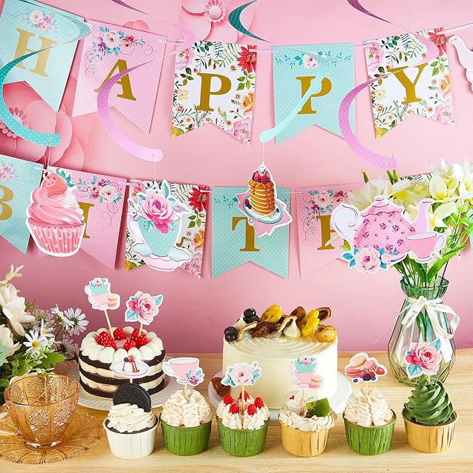 Zonon 40 Pcs Tea Party Birthday Decoration Set with Happy Birthday Banner, Cupcake Toppers, Table Centerpieces, Hanging Swirls Tea Party Supplies for Women Spring Floral Hanging Decor for Baby Shower