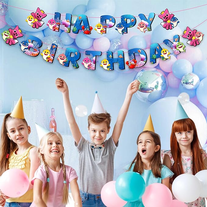 "Bby Shrk Theme Birthday Party Supplies – Complete Decorations Set with Happy Birthday Banner, Cake Topper, Cupcake Toppers, Garland, Table Décor, and Party Accessories for Boys and Girls"