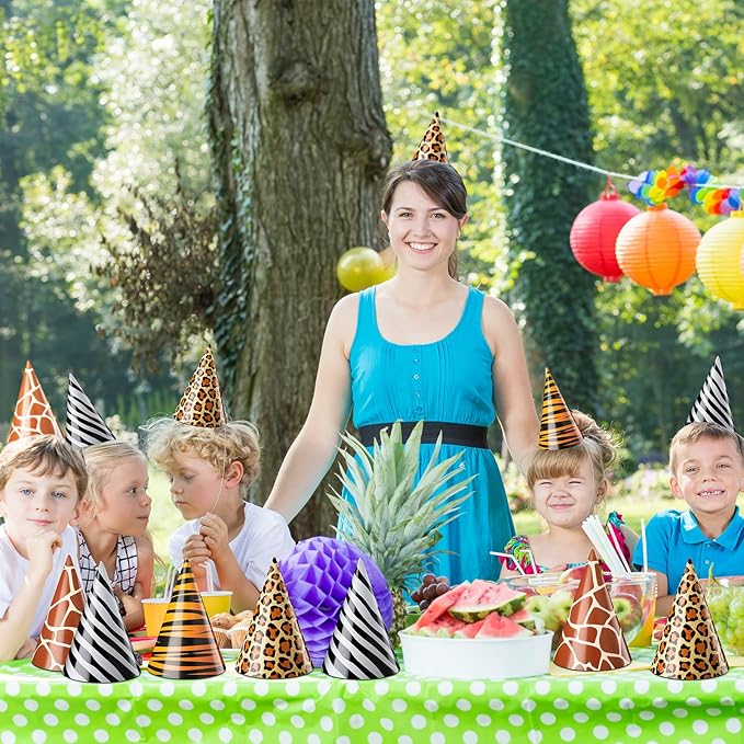 Spiareal 24 Pieces Safari Party Hats Jungle Animal Safari Theme Cone Paper Hats for Kids Zoo Birthday Party Supplies Favor