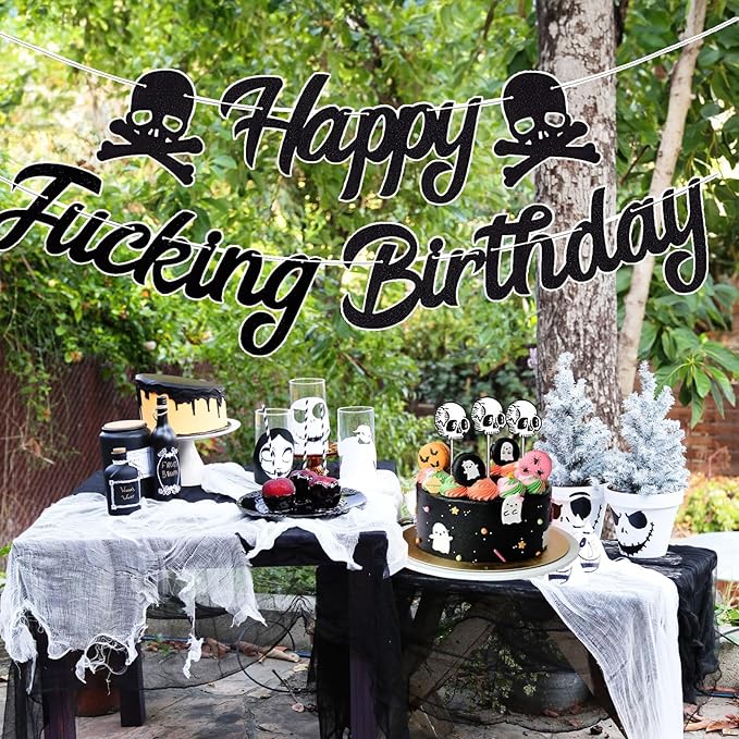 Gothic Happy Birthday Banner Decorations Funny Black Bunting Banner Skull Sign Theme Party Decor Adult Birthday for Decorations Supplies