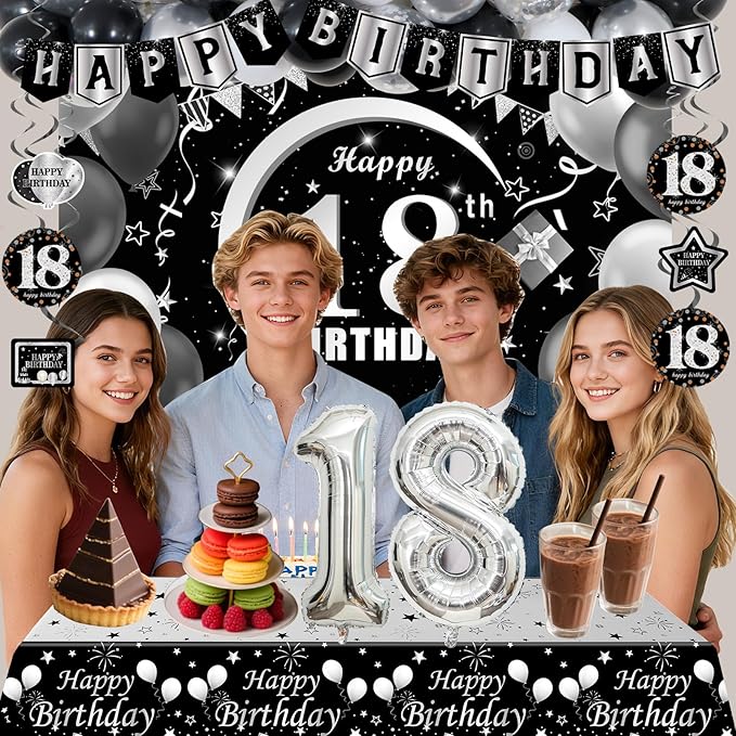 18th Birthday Decorations for Boys, Black White Happy 18th Birthday Decorations for Boy, 18 Year Old Birthday Decor with 18th Bday Banner Balloons Tablecloth Backdrop, 18 Years Party Supplies for Boys