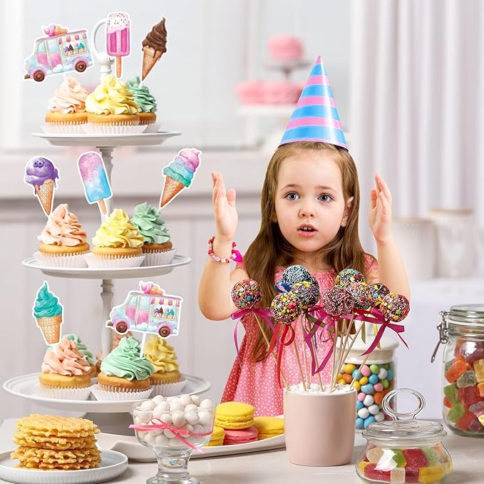 WERNNSAI 35 PCS Ice Cream Cupcake Toppers - Ice Cream Summer Birthday Party Cake Decorations for Kids Girls Ice Cream Cake Toppers Picks Sweet Cake Decors Summer Birthday Party Supplies