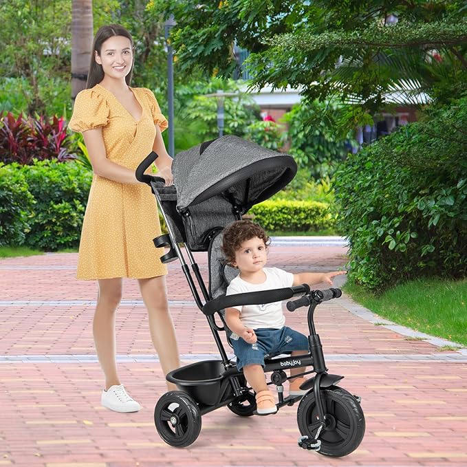 BABY JOY Tricycle, 4 in 1 Toddler Bike w/Removable Canopy, Adjustable Push Handle, Reversible Seat, Safety Belt, Folding Footrest & Storage Basket, Toddler Tricycle for Boys Girls 9-60 Months (Gray)