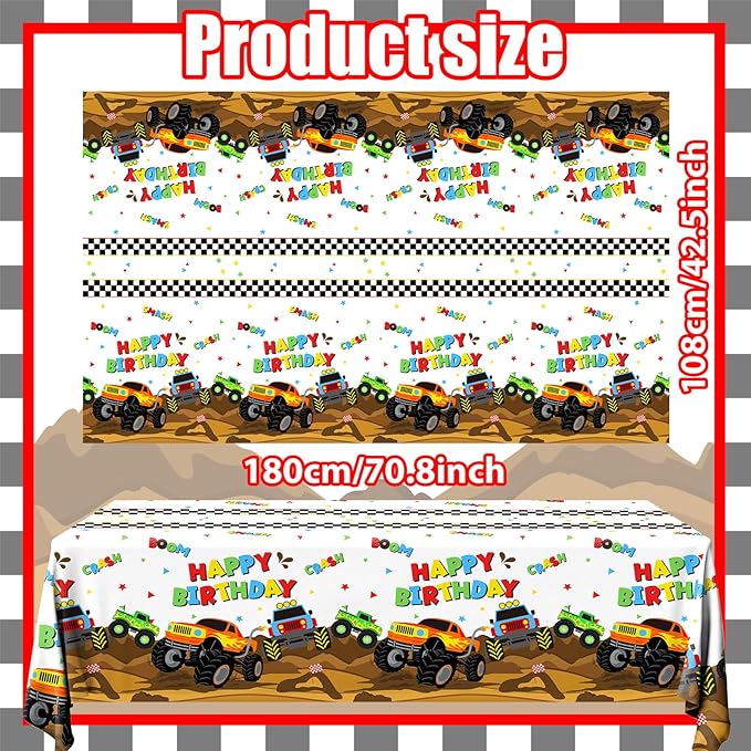 Monster Truck Tablecloth - 3 Pcs Disposable Machine Table Cover, Checkered Tablecloth for Monster Truck Birthday Party Decorations