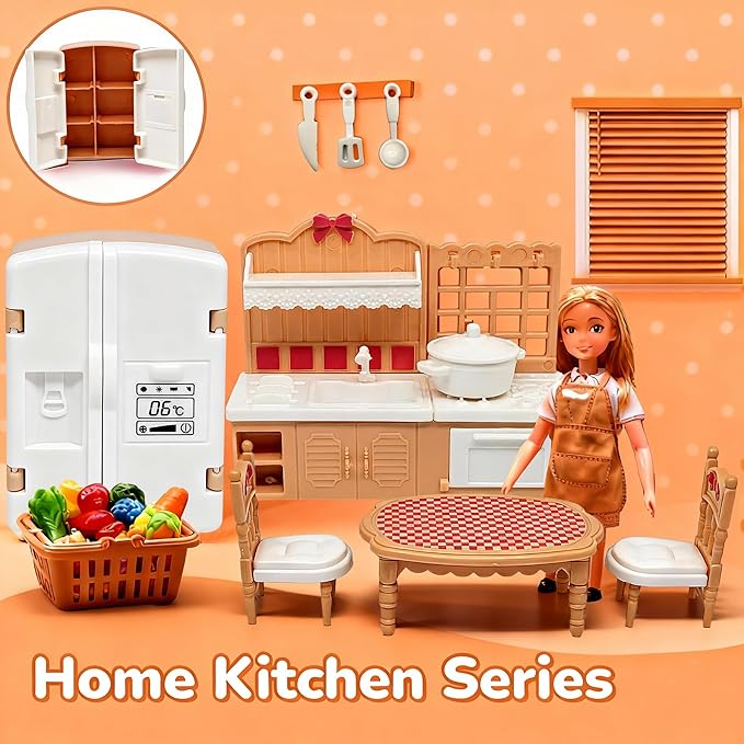 Dollhouse Furniture Set, 38 Pcs Miniature Doll House Accessories with Dogs and Cat ，Kitchen Bedroom Living Room Bathroom Furniture, Toy for Kids Ages 3+ Boys Girls, Great Gift Idea