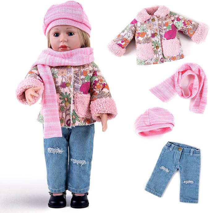 Doll Clothes 4 Piece Set Includes Pink Flower Snow Jacket, Knitted Wool Hat, Scarf and Hipster Jeans Fits for 18" American Girl Dolls (Doll and Shoes Not Included)