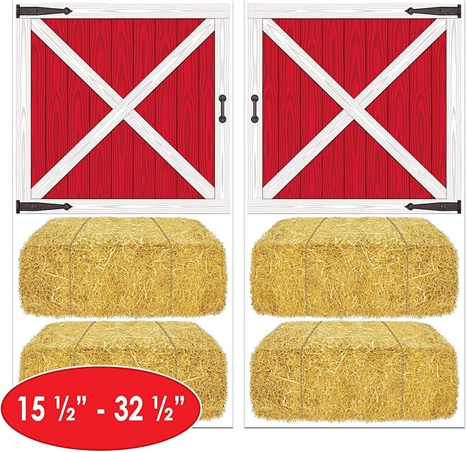 Beistle Barn Loft Door & Hay Bale Props, 12 Pieces, 15.5"-32.5" - Printed Plastic Barnyard Wall Decorations, Western Cut Outs