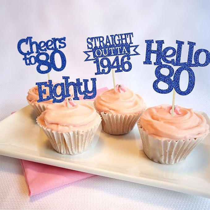 Ephlyn 24Pcs Happy 80th Birthday Cupcake Toppers Glitter Straight Outta 1946 Cupcake Picks Hello 80 Cheers to 80 Years Birthday Cake Decorations for 80th Birthday Anniversary Party Supplies Blue