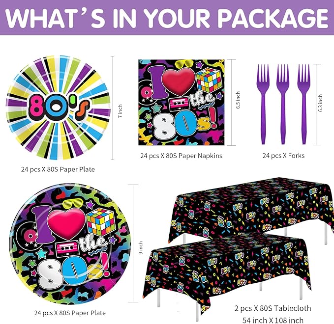 80's Party Decorations Tableware - 80's Theme Party Supplies, 80s Decorations Dinnerware, Paper Plates, Napkins, Tablecloth, Forks, 80s Birthday Party Decorations and Supplies | Serve 24