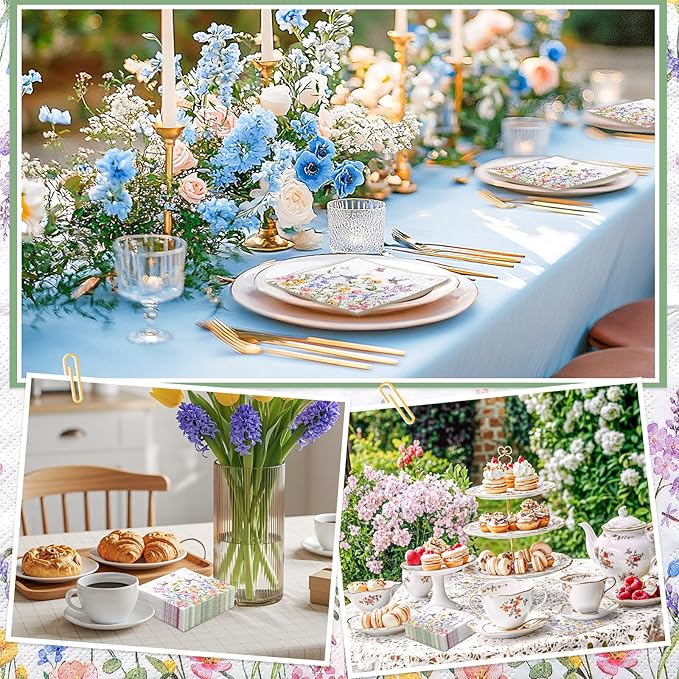100 Pcs Wildflower Napkins, 2-Ply Floral Cocktail Napkins Spring Decoupage Napkin Butterfly Hummingbird Flower Dessert Beverage Napkin for Easter Baby Shower, Tea Party