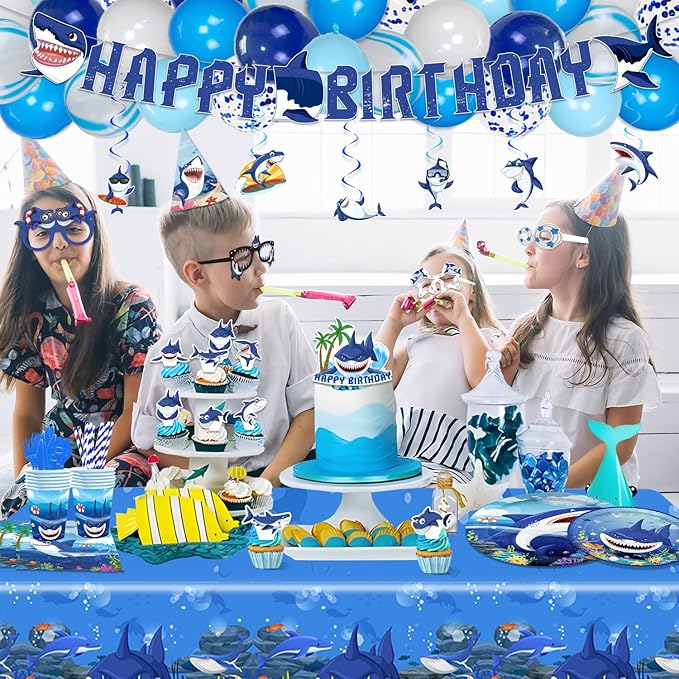 Mpanwen Shark Party Supplies, 216Pcs Shark Themed Birthday Party Decorations Decor - Banner, Paper Glasses, Balloons, Cake Toppers, Plates, Tablecloth, Hanging Swirls, Wall Signs Serves 16 Guests