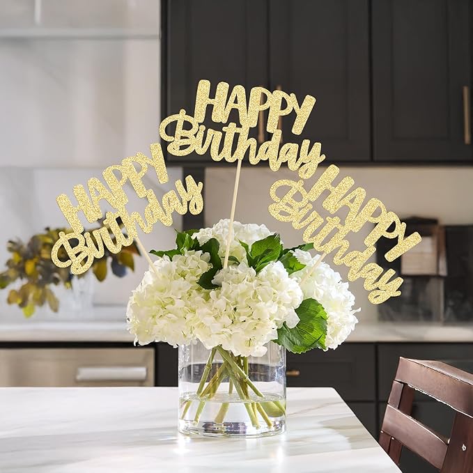 Gyufise 12Pcs Happy Birthday Centerpieces Sticks Double Sided Glitter Birthday Party Decorations Anniversary Table Flower Centerpiece for Celebrating Party Supplies Gold