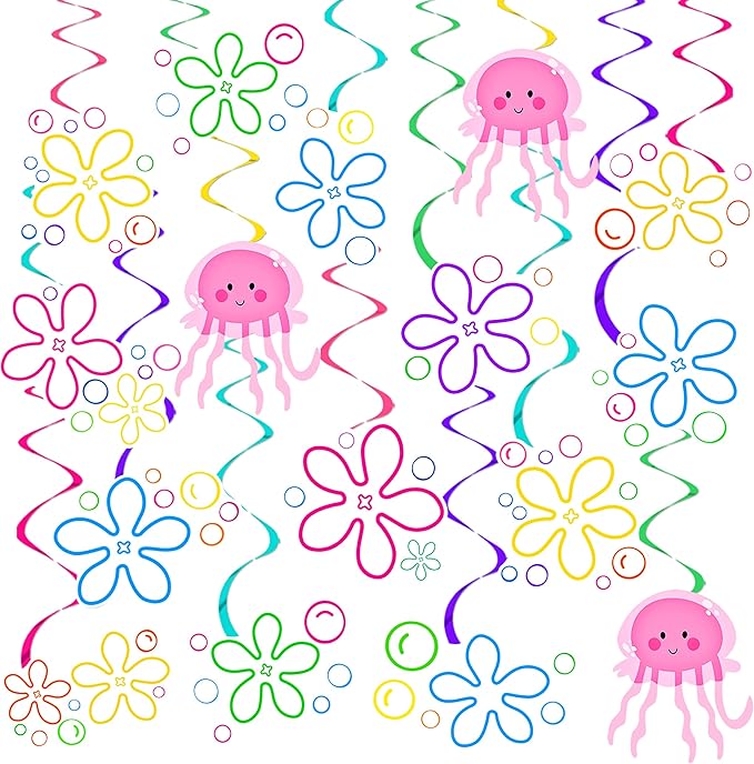 20pcs Jellyfish Flower Party Hanging Swirls Under The Sea Birthday Party Decorations Jellyfish Bubble Theme Ceiling Swirl Streamers for Yellow Cartoon Party Ocean Theme Baby Shower Supplies