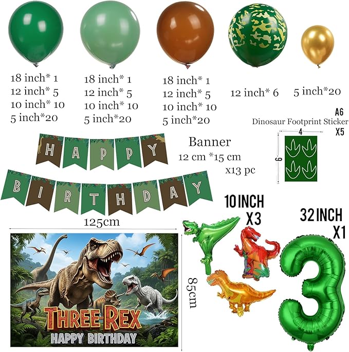 Dinosaur Birthday Decorations include Hunter Green Brown Gold balloon arch & small Dino Foil balloons & banner backdrop & footprint stickers for Kids Boys Jungle Safari Dino 3rd T-Rex Party Supplies