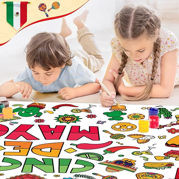 OHOME Cinco De Mayo Giant Coloring Poster/Tablecloth - 30 x 72 Inches Jumbo Coloring Banner Kids Crafts Games Accessories Gifts Decor - Fiesta Mexican Party Decorations