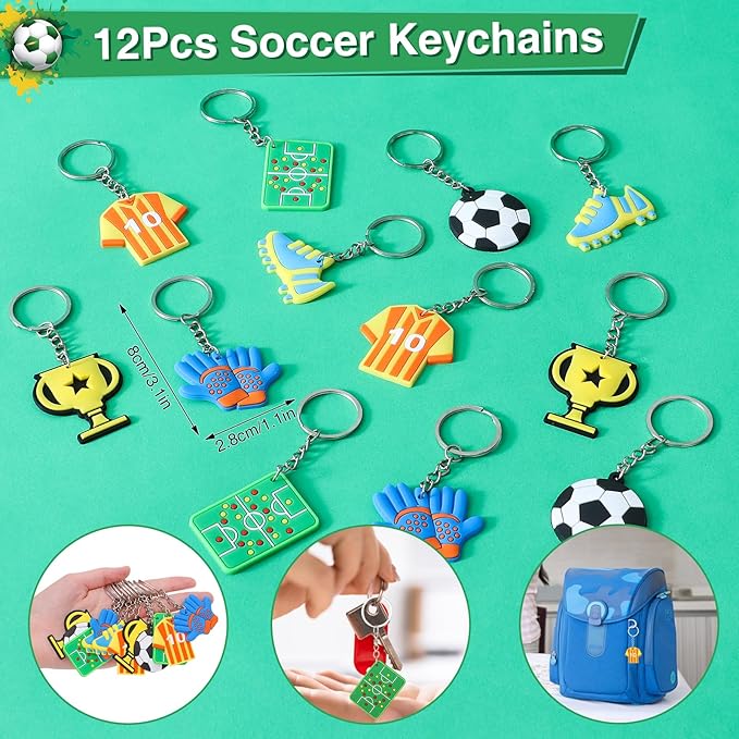 Winrayk 12 Sets Soccer Party Favors Sports Birthday Supplies, Drawstring Bag Silicone Bracelet Keychain Tattoo Sticker, Goodie Stuffer Pinata Filler Teen Kids Boys Soccer Birthday Party Decorations
