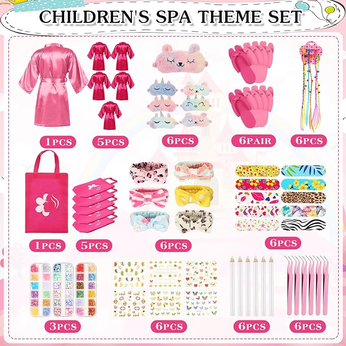 6 Set Sleepovers Teepee Tents Spa Party Robes Supplies Bulk with Inflatable Airbed and Light String, Party Supplies for Birthday Movie Spa Favors Gifts Indoor Outdoor(5 Pink,1 Rose Red)