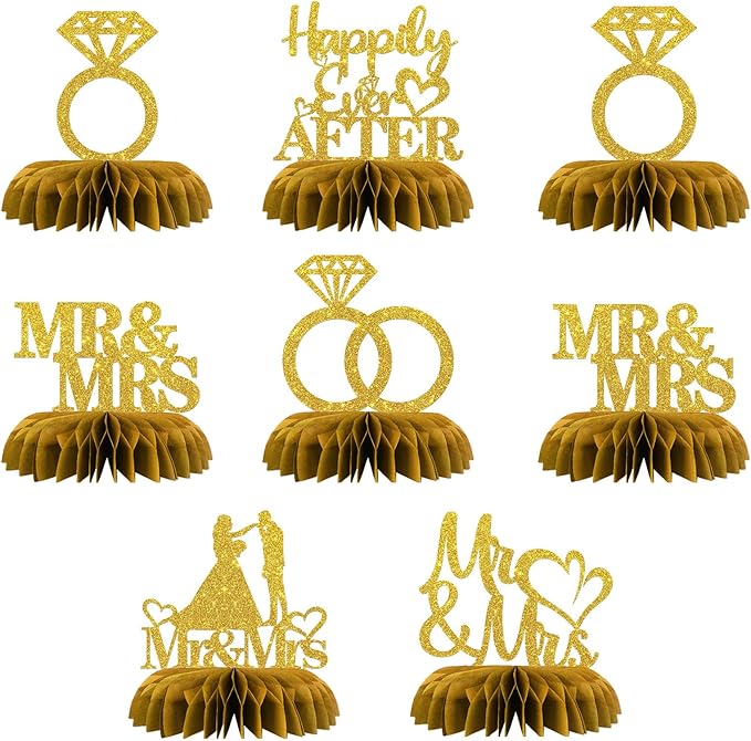 Maicaiffe Mr & Mrs Table Honeycomb Centerpieses Decorations - Glitter 8 Pcs Wedding Engagement Party Table Toppers Decor - Bridal Shower - Wedding Party Decoration Supplies