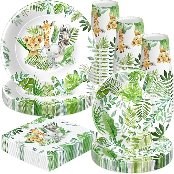 Safari Jungle Theme Party Supplies For Boys - Jungle Birthday Baby Shower Decorations Tableware Include 9" Plates, 7" Plate, Cups, Napkins, Safari Party Decorations | Serve 48