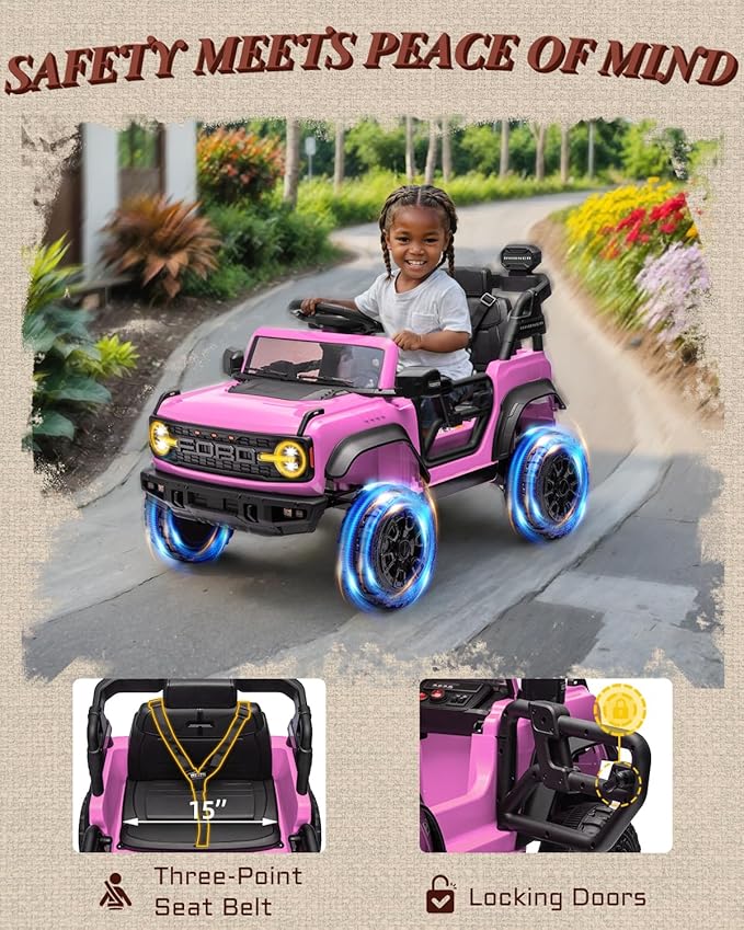 First Ride On 12V Electric Ride on Toys for Toddler, Ford Bronco Raptor Kids Ride on Car with Remote Control, 12 Volt Battery Powered Cars for Children with Smooth Start, Bluetooth (12V, Pink)
