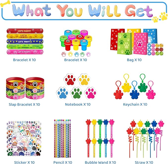 WHALEISLAND Paw Print Party Favors Supplies Decorations for for Kids Birthday Blue Puppy Theme Goodie Bag Stuffer Pinata Filler Birthday Gifts