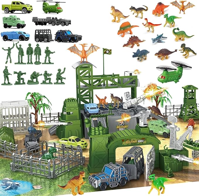 Military Dinosaur Battle Playset, 56 Piece Army Toy Set Soldier Figures, Military Vehicles (Helicopter, Je-ep, Trucks), Cannon, Tents & Battle Mat, Educational STEM Toys for Boys Ages 3-12