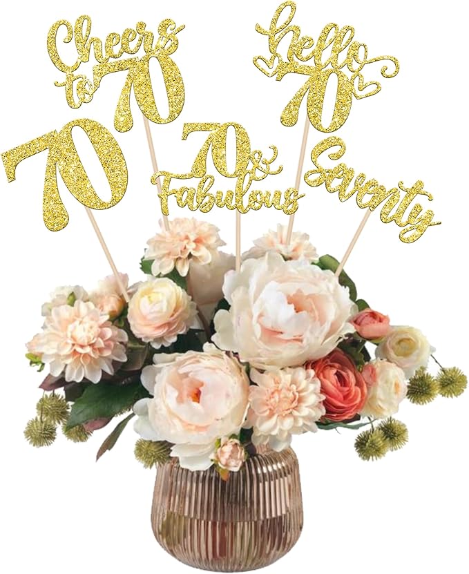 15PCS Happy 70th Birthday Centerpiece Sticks Hello 70 Fabulous Table Flower Centerpieces Sticks Seventy Cheers to 70 Years Floral Decoration for Happy 70th Birthday Party Centerpieces Sticks Gold