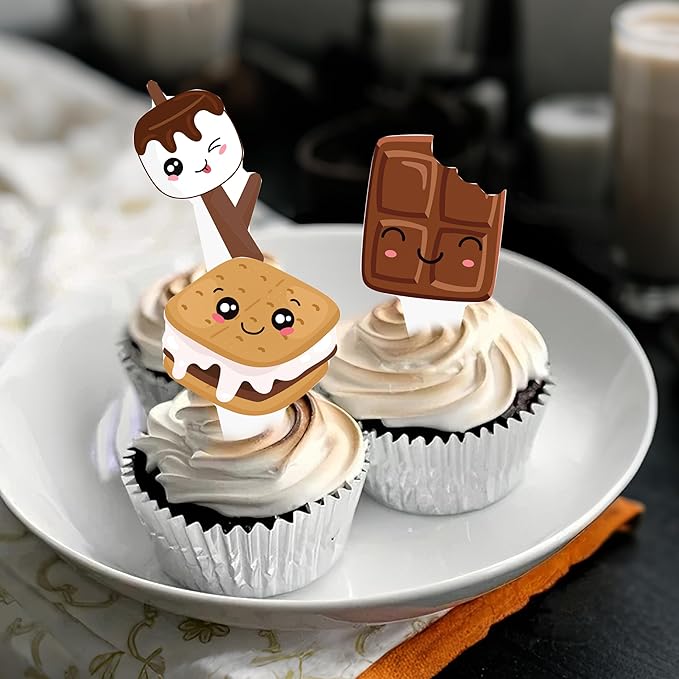 S'more Party Cupcake Toppers 48pcs S'more Birthday Party Decoration Bonfire Camping Cake Cupcake Pick Decorations for S'more Themed Camping Campfire Camper Birthday Party Supplies