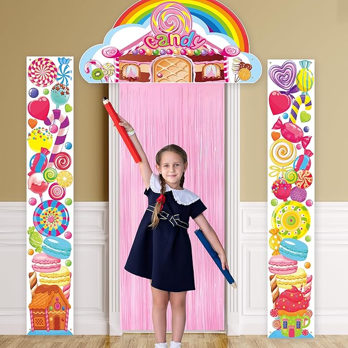 Crenics Candyland Party Decorations, 3Pcs Candyland Door Covers with Foil Fringe Curtain for Kids Candy Land Party Supplies