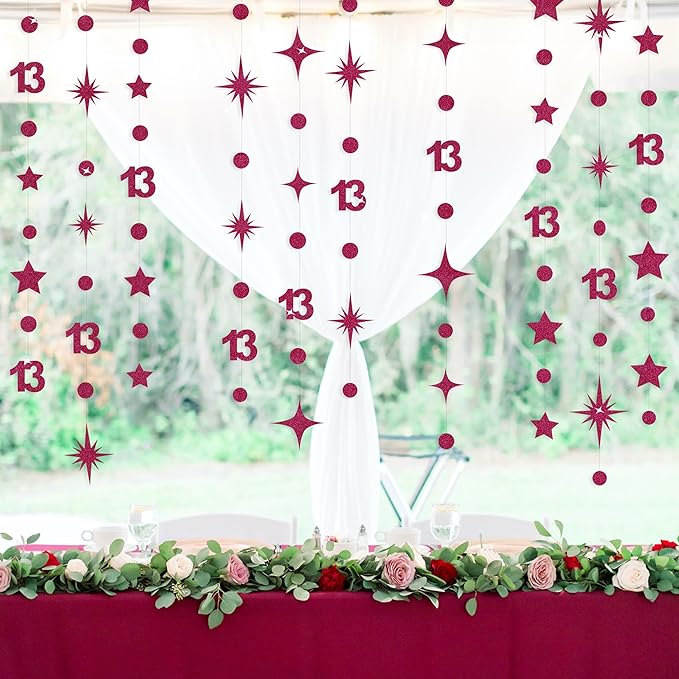 Burgundy 13th Birthday Decorations Number 13 Circle Dot Star Garland Glitter Streamer Banner Backdrop for Girls Boys Official Teenager Cheers to 13 Years Old Birthday 13th Anniversary Party Supplies