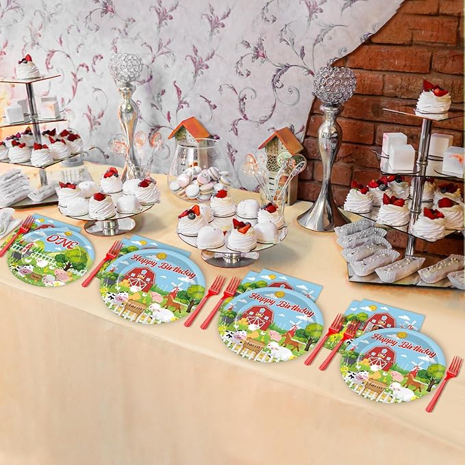 gisgfim 96Pcs Farm Animals Theme Birthday Party Supplies Barnyard 1st Birthday Paper Plates Napkins Cow One Farmhouse Tableware Dinnerware Set Decorations Favors for Baby Shower Serve 24