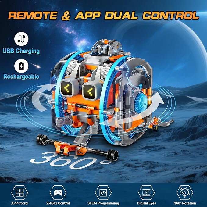 RC Robot Toys with Changeable LED Eyes & Sound, App & Remote Control Rechargeable Robotics with Unqiue Wheel Design 5-in-1 Model Kit Gift for Kids Boys Girls Teens Age 12+ Years Old(783 PCS)